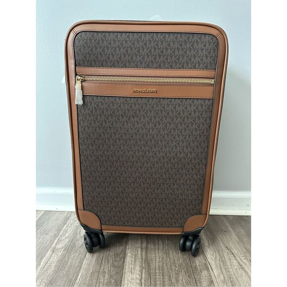 NWOT Michael Kors Signature Logo Leather Luggage Travel Suitcase Brown Small - Picture 1 of 11
